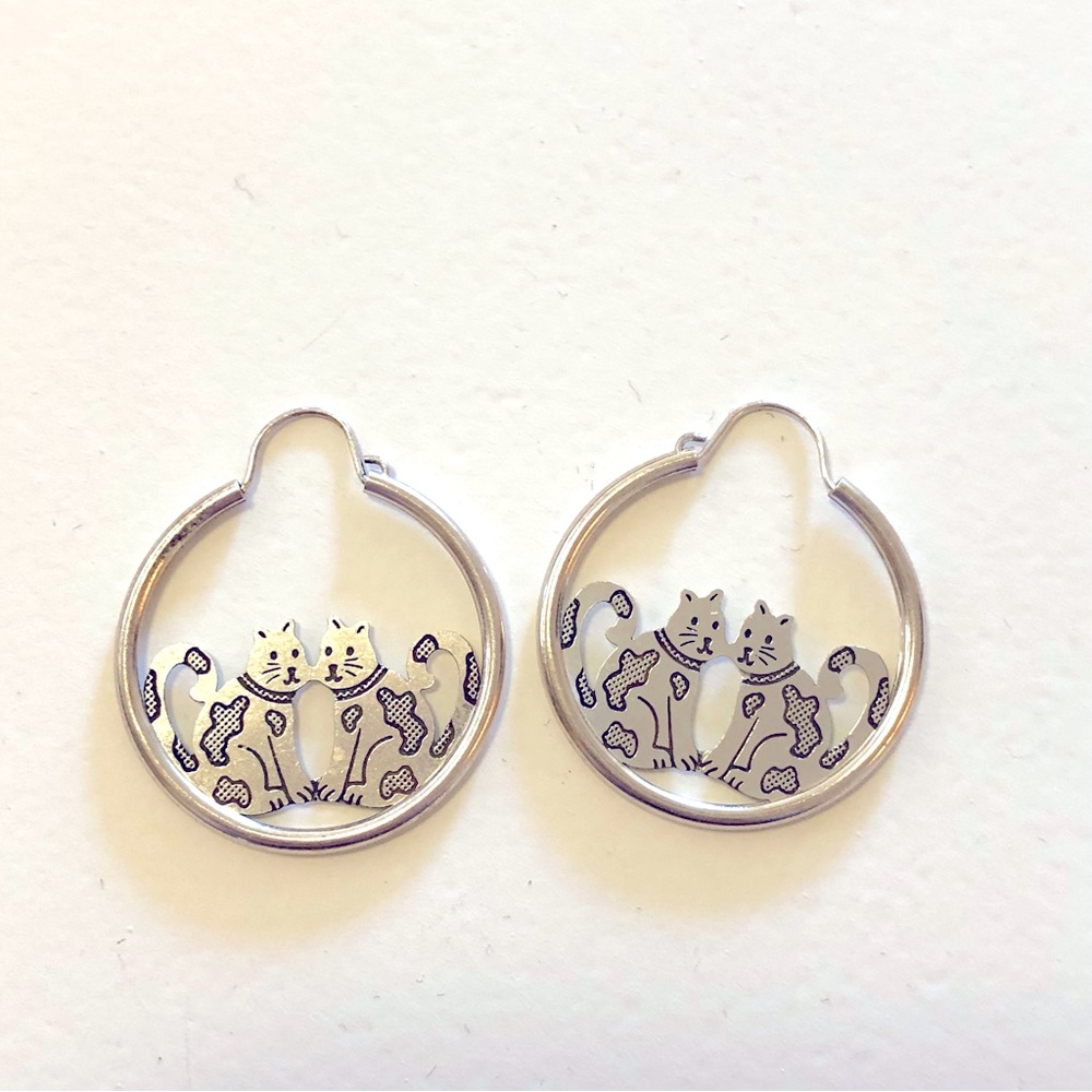 Vintage Sterling Silver Cat Hoop Earrings